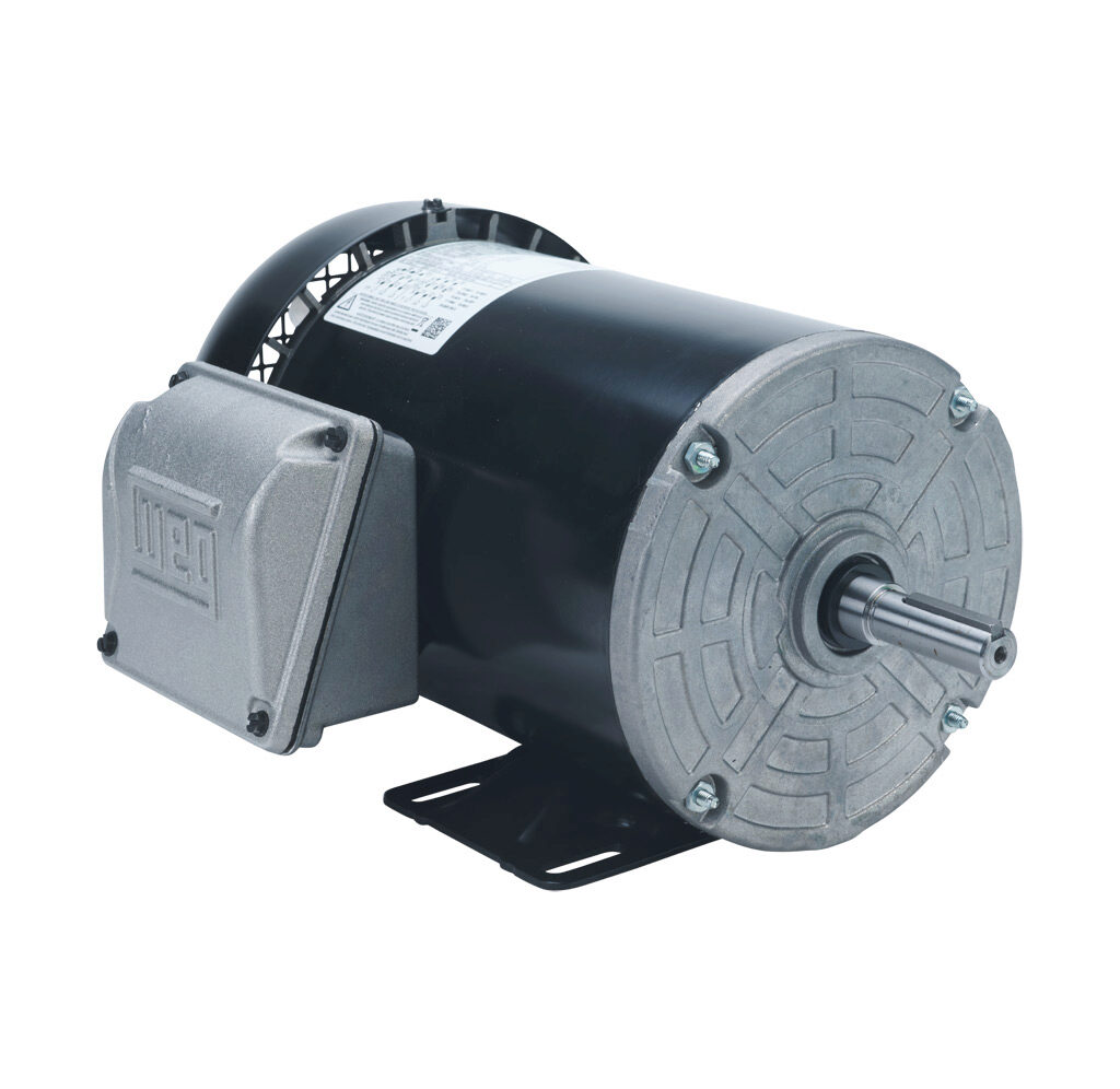 00118ET3E56-S - WEG Electric S premium efficiency AC induction motor, general purpose and inverter rated, 1hp, 3-phase, 208-230/460 VAC, 1800rpm, TEFC, NEMA 56 frame, rolled steel, rigid base mount.
