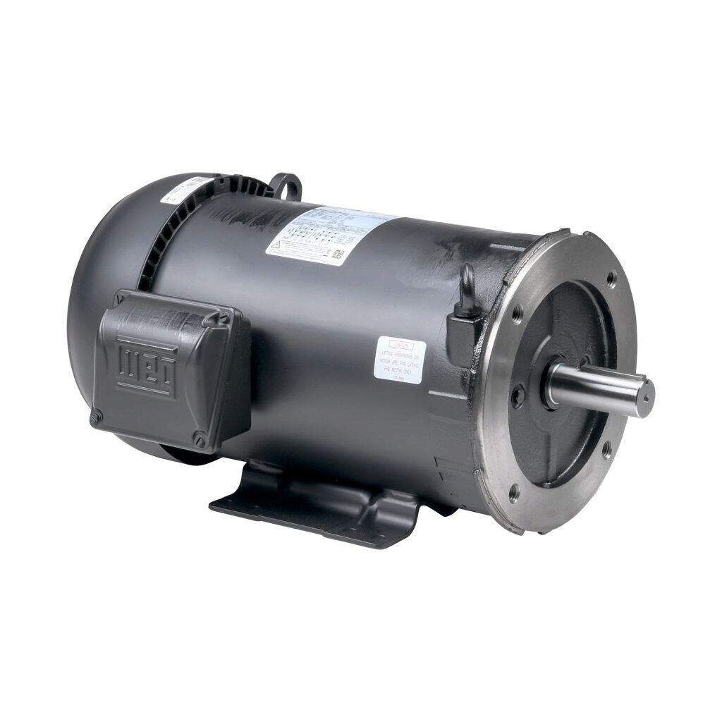 00518ET3E184TC-S - WEG Electric S premium efficiency AC induction motor, general purpose and inverter rated, 5hp, 3-phase, 208-230/460 VAC, 1800rpm, TEFC, NEMA 184TC frame, rolled steel, C-face/rigid base mount.