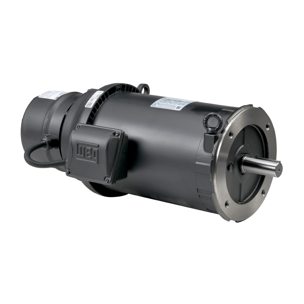 00518ET3EBMR184TC-S - WEG Electric S premium efficiency AC induction motor, general purpose, inverter rated and brake, 5hp, 3-phase, 208-230/460 VAC, 1800rpm, TEFC, NEMA 184TC frame, rolled steel, C-face mount. Stearns 105606100BQF brake assembly ...