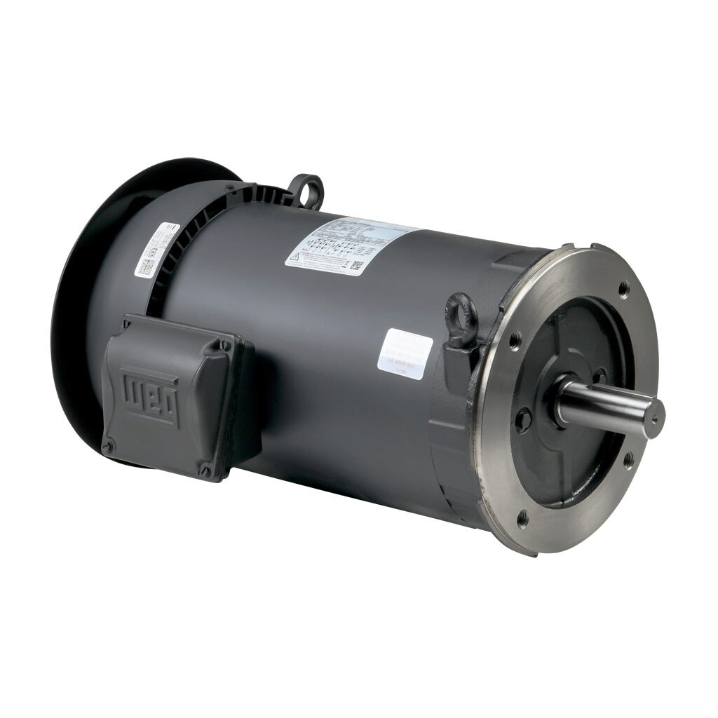 00518ET3ER184TC-S - WEG Electric S premium efficiency AC induction motor, general purpose and inverter rated, 5hp, 3-phase, 208-230/460 VAC, 1800rpm, TEFC, NEMA 184TC frame, rolled steel, C-face mount. Drip cover included.