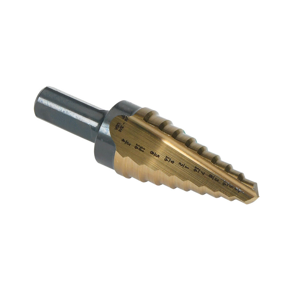 00703 - Viking step drill bit, 1/4in to 3/4in, size #3, 9 steps, split point, high-speed steel (HSS), gold oxide finish, 3/8in diameter 3-flat shank, 2.5in (64mm) overall length.