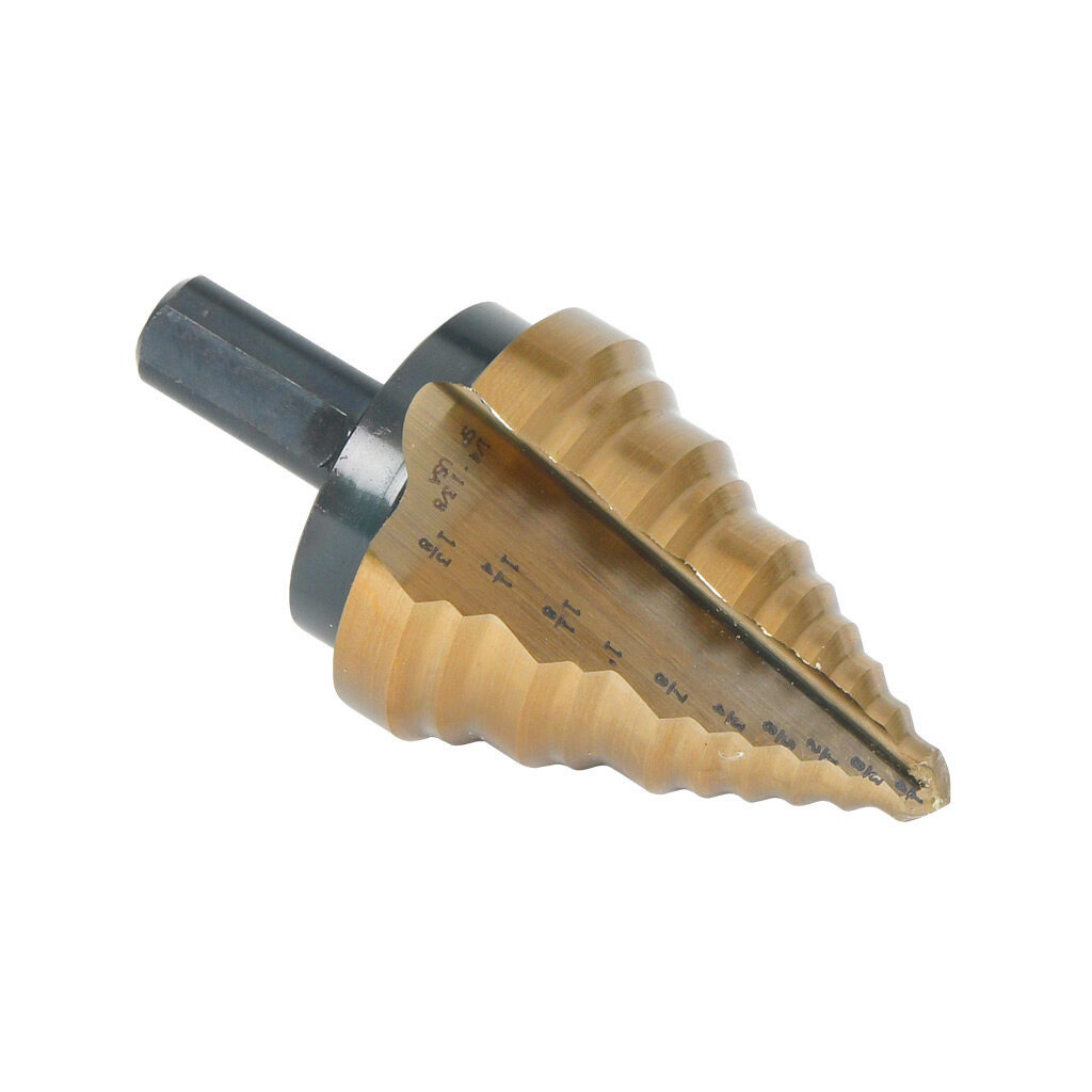 00711 - Viking step drill bit, 7/8in to 1-3/8in, size #12, 5 steps, split point, high-speed steel (HSS), gold oxide finish, 3/8in diameter 3-flat shank, 2.8in (71mm) overall length.