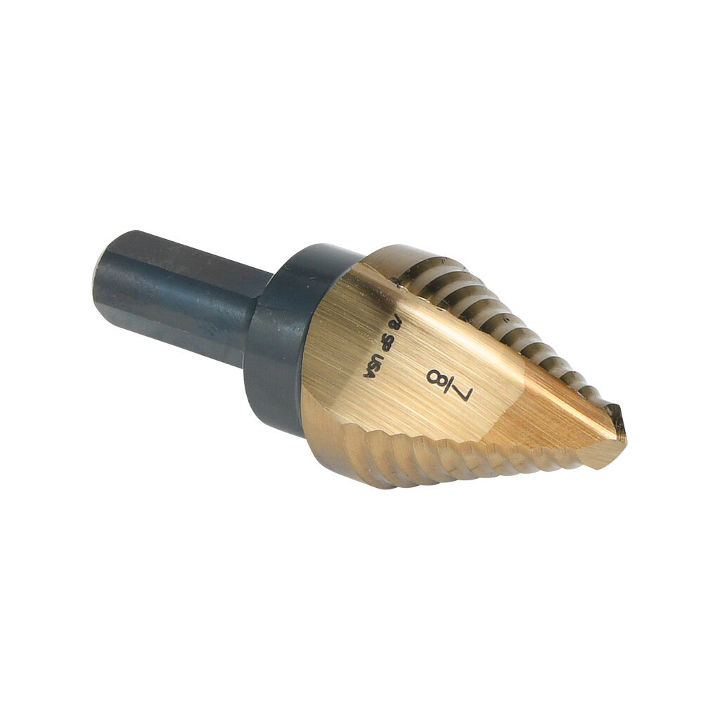 00714 - Viking step drill bit, 1/4in to 7/8in, size #7, 11 steps, split point, high-speed steel (HSS), gold oxide finish, 3/8in diameter 3-flat shank, 2.3in (58mm) overall length.