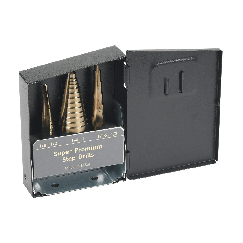 00731 - Viking step drill bit set, 3 pieces, high-speed steel (HSS), 3-flat shank, size #1, #2 and #4, imperial, gold oxide finish, plastic index case.