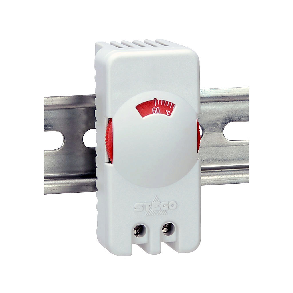 011150-00 - Stego thermostat, adjustable, N.C. (open on rise) 0 to 60 deg C, 4K switching differential, 35mm DIN rail mount, for electrical enclosure climate control.