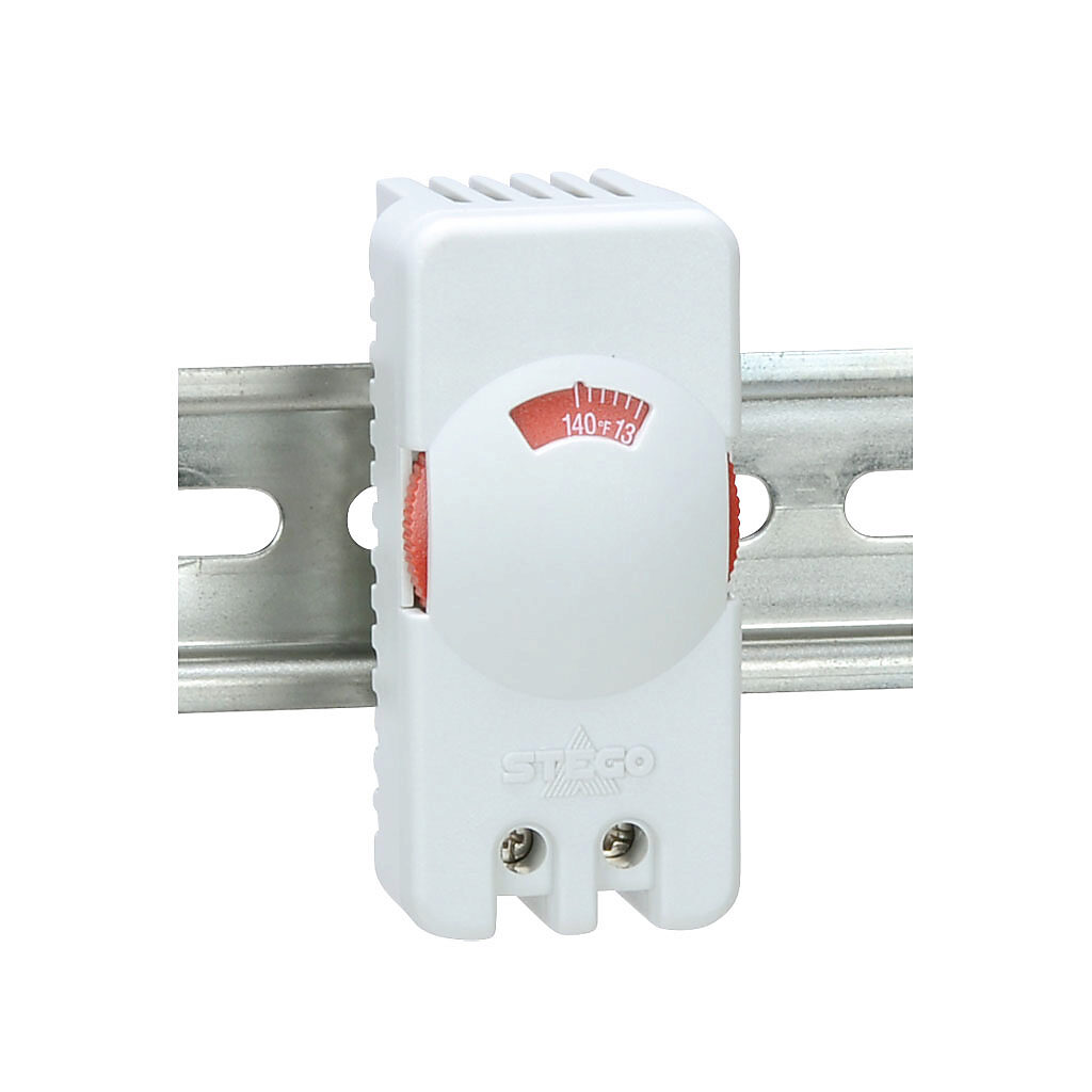 011159-00 - Stego thermostat, adjustable, N.C. (open on rise) 32 to 140 deg F, 7 deg F switching differential, 35mm DIN rail mount, for electrical enclosure climate control.
