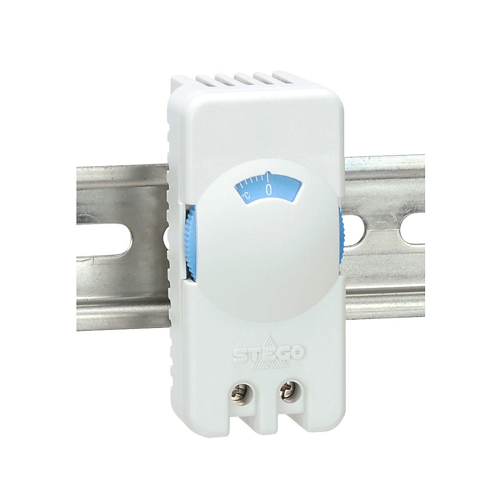 011160-00 - Stego thermostat, adjustable, N.O. (close on rise) 0 to 60 deg C, 4K switching differential, 35mm DIN rail mount, for electrical enclosure climate control.