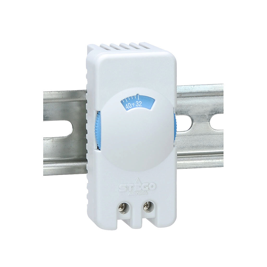 011169-00 - Stego thermostat, adjustable, N.O. (close on rise) 32 to 140 deg F, 7 deg F switching differential, 35mm DIN rail mount, for electrical enclosure climate control.
