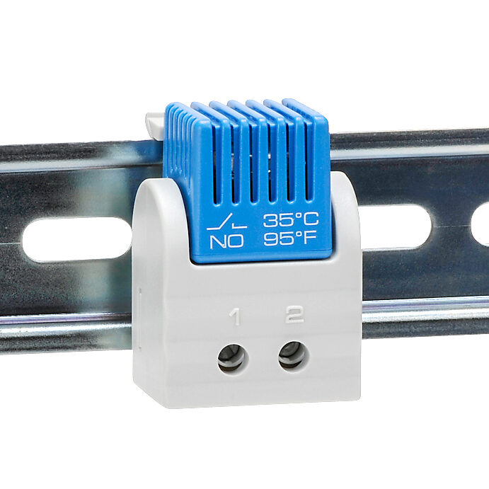 011610-02 - Stego thermostat, fixed, N.O. (close on rise) 95 deg F (35 deg C) switch-on, 18 deg F (10K) switching differential, 35mm DIN rail mount, for electrical enclosure climate control.