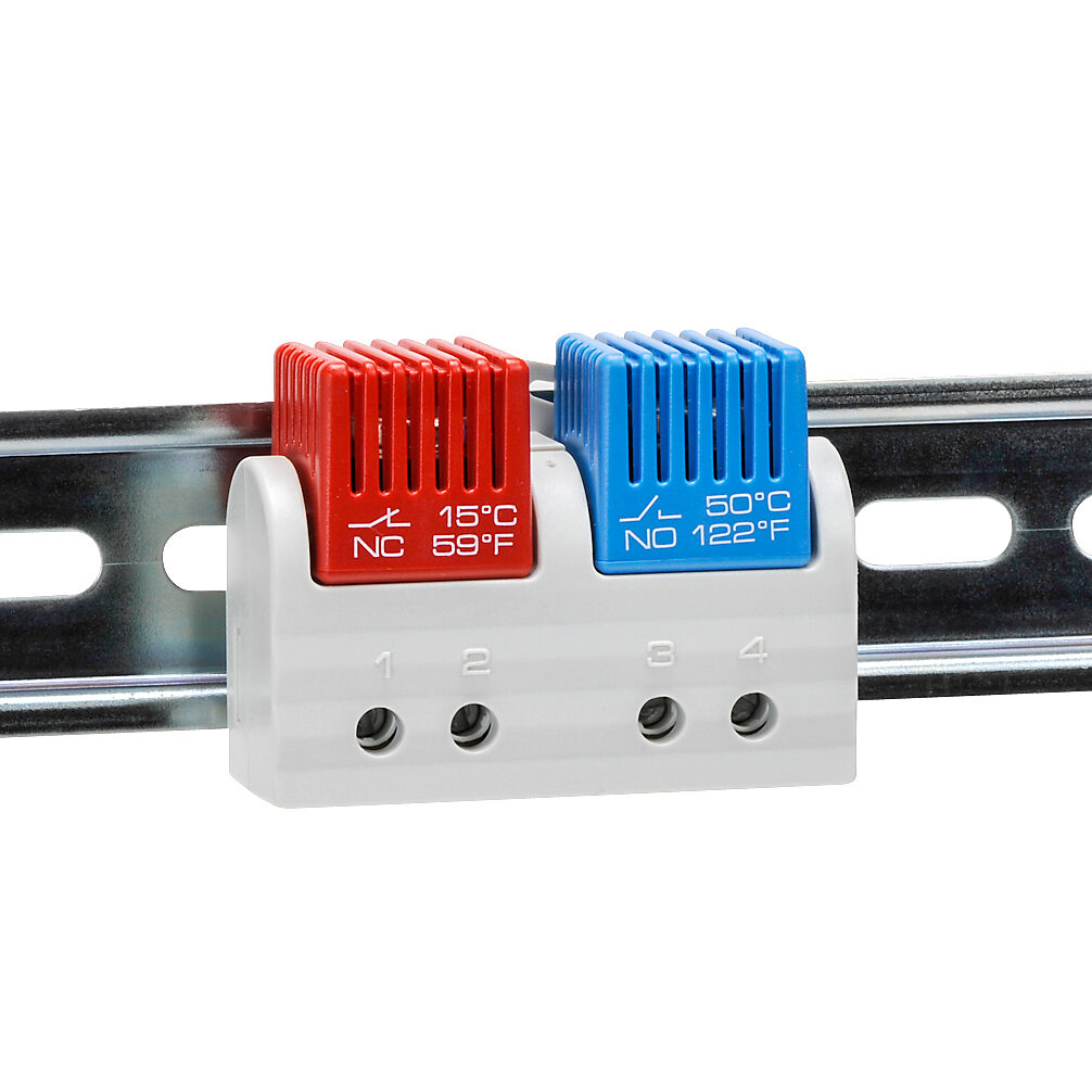 011630-00 - Stego thermostat, dual fixed, N.C. (open on rise) 41 deg F (5 deg C) switch-on, N.O. (close on rise) 122 deg F (50 deg C) switch-on, 18 deg F (10K) switching differential, 35mm DIN rail mount, for electrical enclosure climate control.