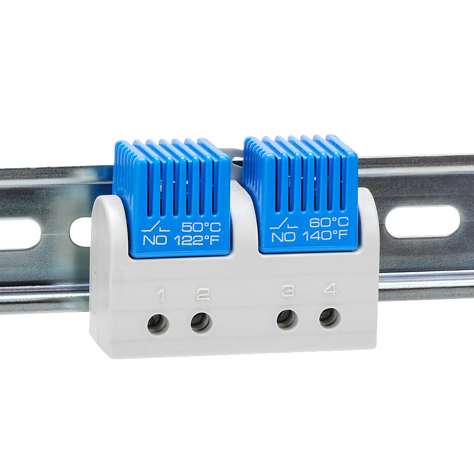 011640-00 - Stego thermostat, dual fixed, N.O. (close on rise) 122 deg F (50 deg C) switch-on, N.O. (close on rise) 140 deg F (60 deg C) switch-on, 18 deg F (10K) switching differential, 35mm DIN rail mount, for electrical enclosure climate control.