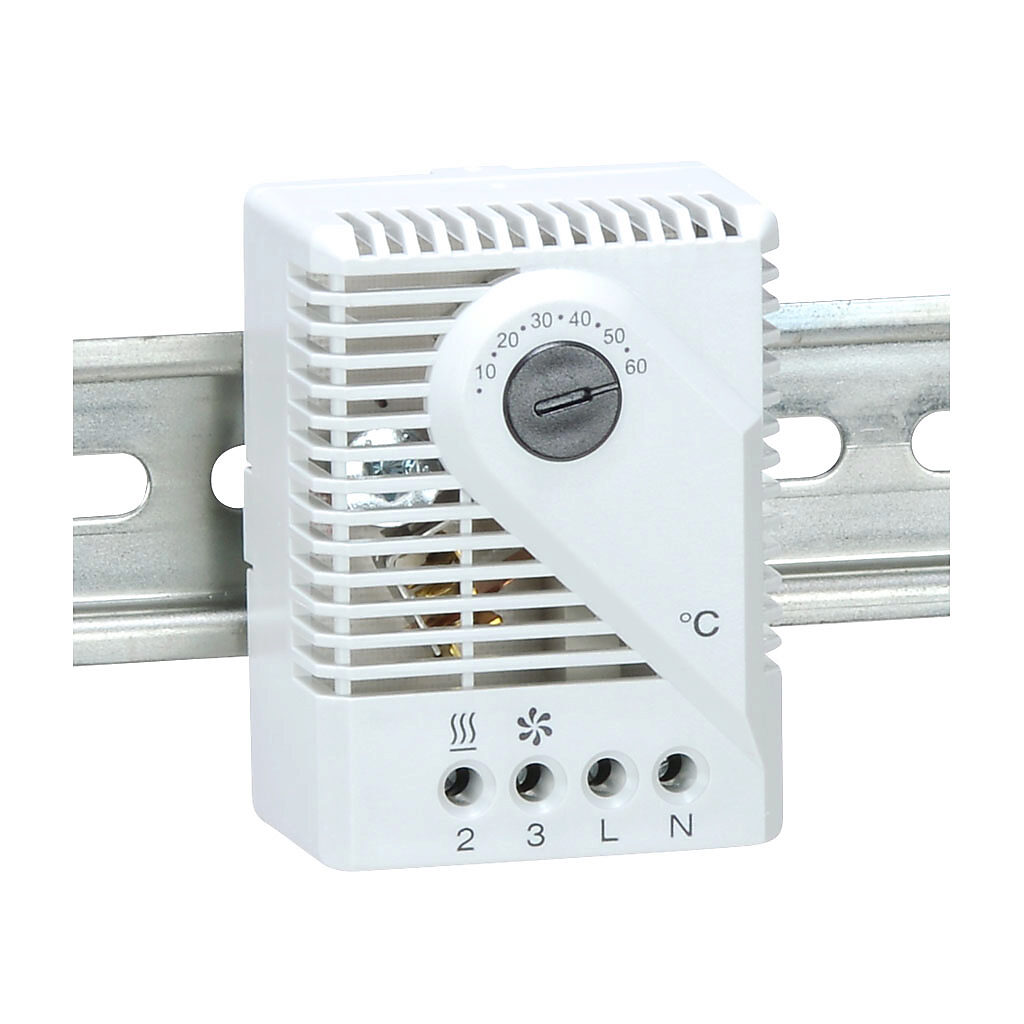 011700-00 - Stego mechanical thermostat, adjustable, 5 to 60 deg C, 5K switching differential, 230 VAC operating voltage, 35mm DIN rail mount, for electrical enclosure climate control.