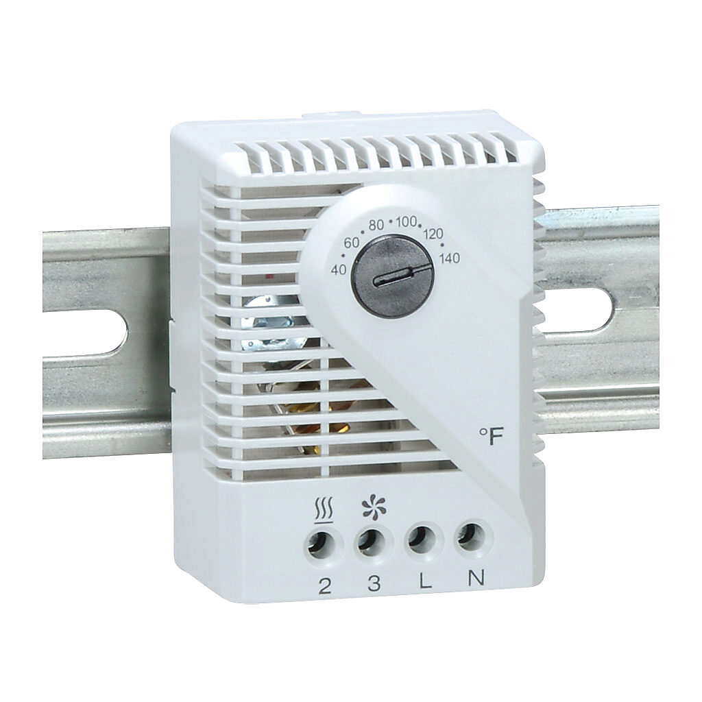 011709-00 - Stego mechanical thermostat, adjustable, 40 to 140 deg F, 9 deg F switching differential, 120 VAC operating voltage, 35mm DIN rail mount, for electrical enclosure climate control.