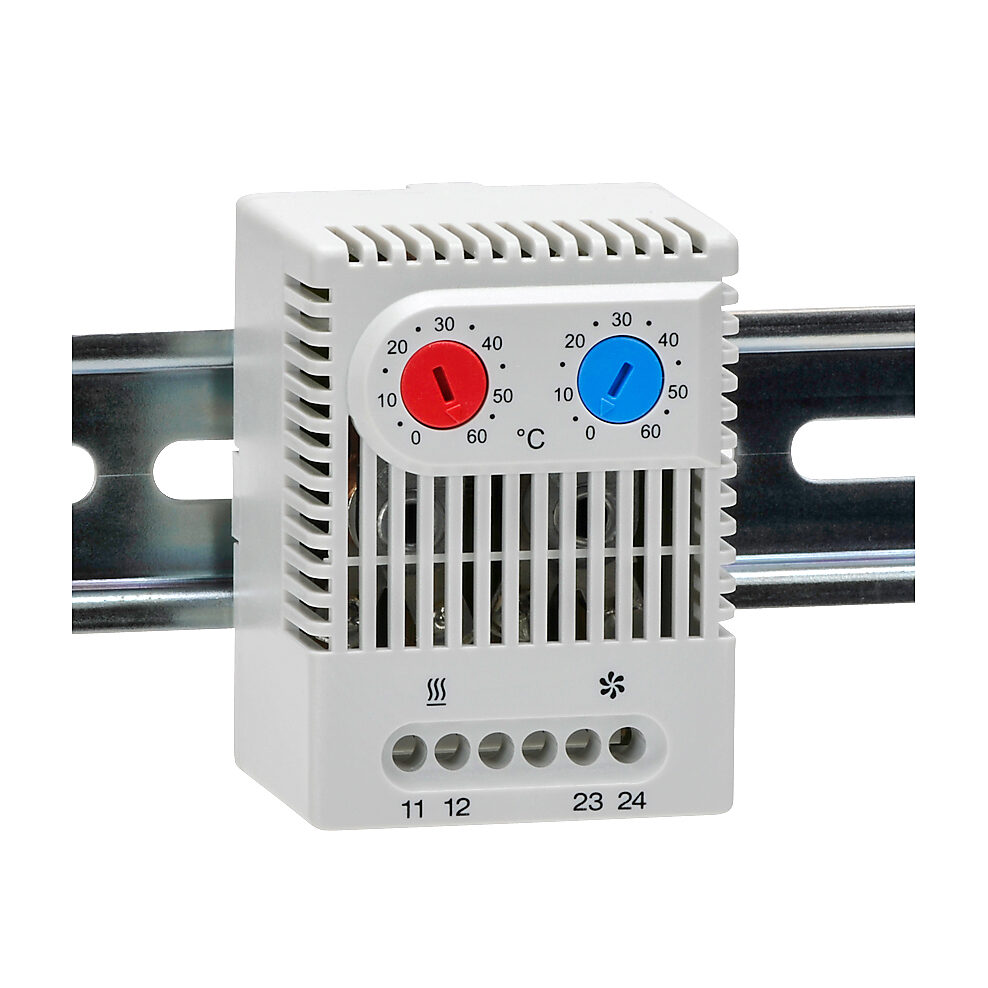 011720-00 - Stego thermostat, dual adjustable, N.C. (open on rise) 0 to 60 deg C, N.O. (close on rise) 0 to 60 deg C, 7K switching differential, 35mm DIN rail mount, for electrical enclosure climate control.