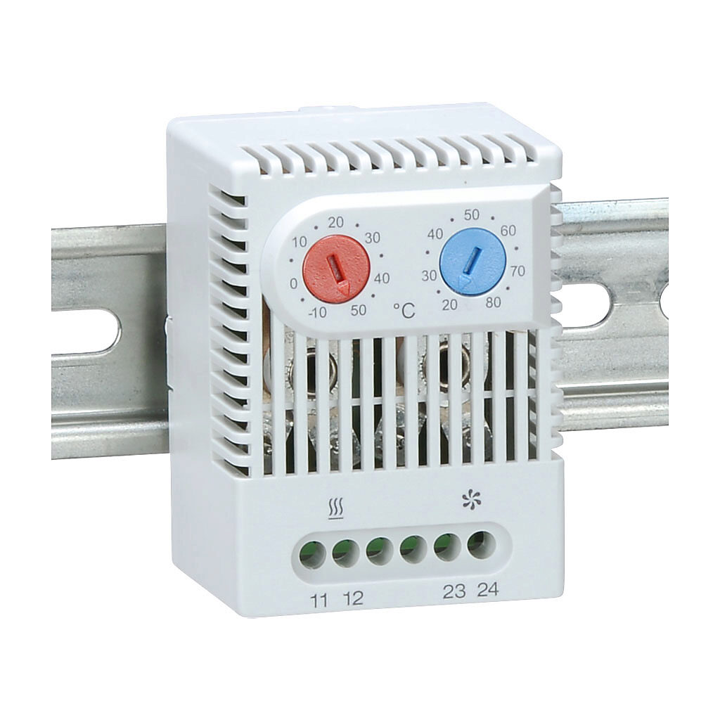 011750-00 - Stego thermostat, dual adjustable, N.C. (open on rise) -10 to 50 deg C, N.O. (close on rise) 20 to 80 deg C, 7K switching differential, 35mm DIN rail mount, for electrical enclosure climate control.