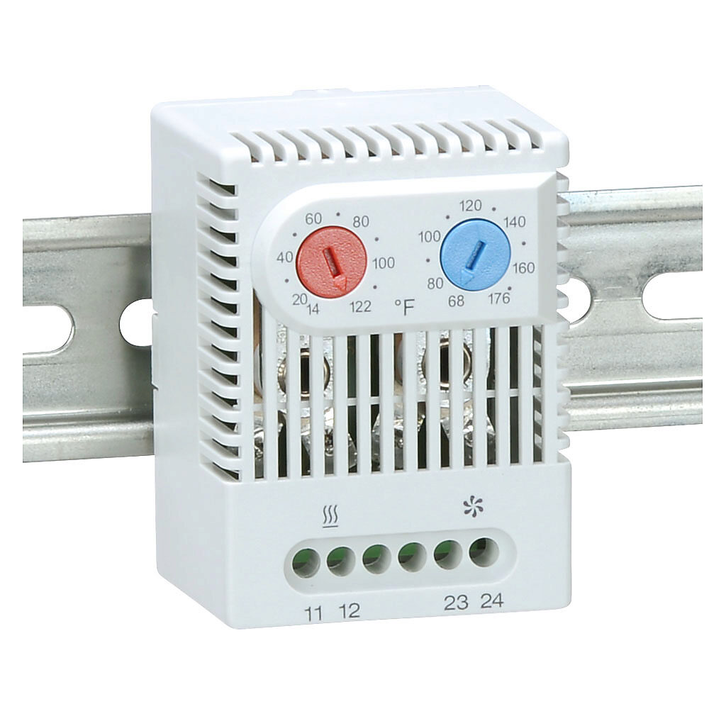 011750-01 - Stego thermostat, dual adjustable, N.C. (open on rise) 14 to 122 deg F, N.O. (close on rise) 68 to 176 deg F, 12.6 deg F switching differential, 35mm DIN rail mount, for electrical enclosure climate control.