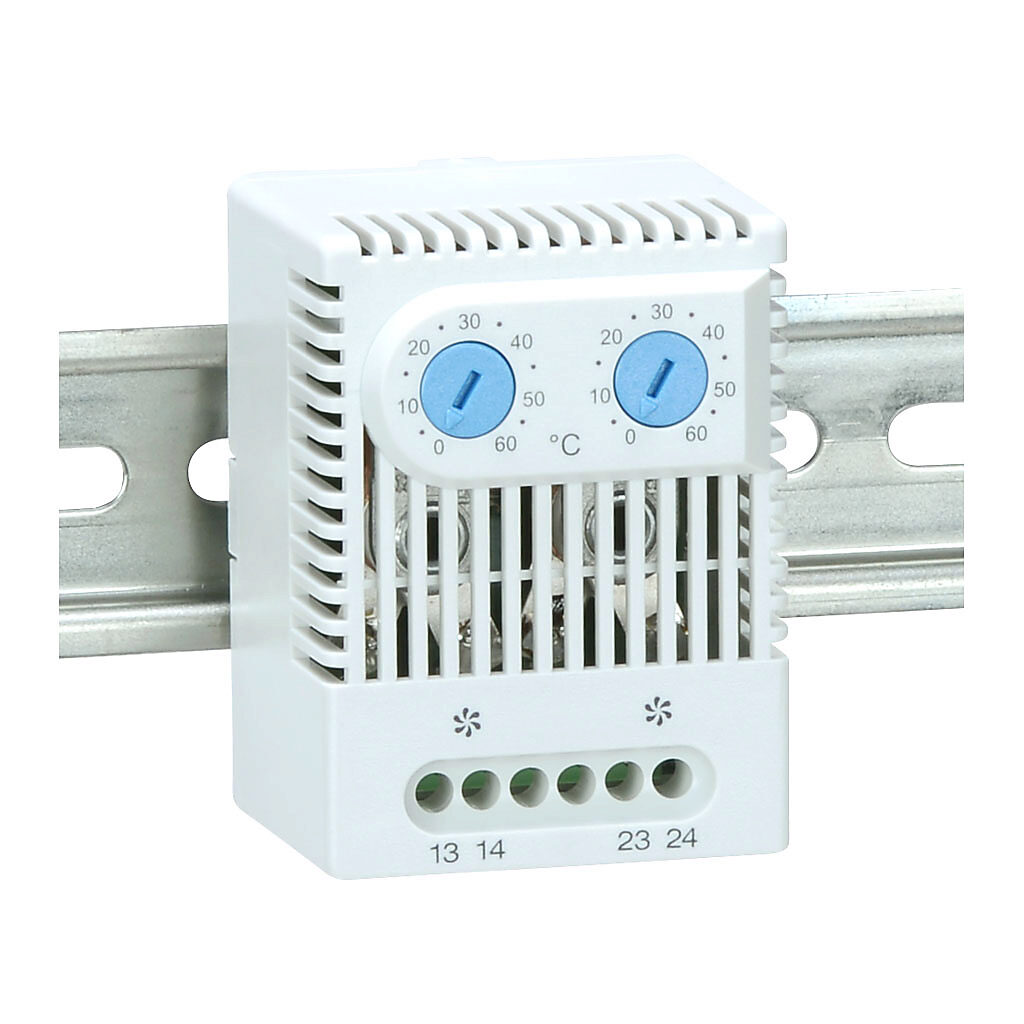011760-00 - Stego thermostat, dual adjustable, N.O. (close on rise) 0 to 60 deg C, N.O. (close on rise) 0 to 60 deg C, 7K switching differential, 35mm DIN rail mount, for electrical enclosure climate control.
