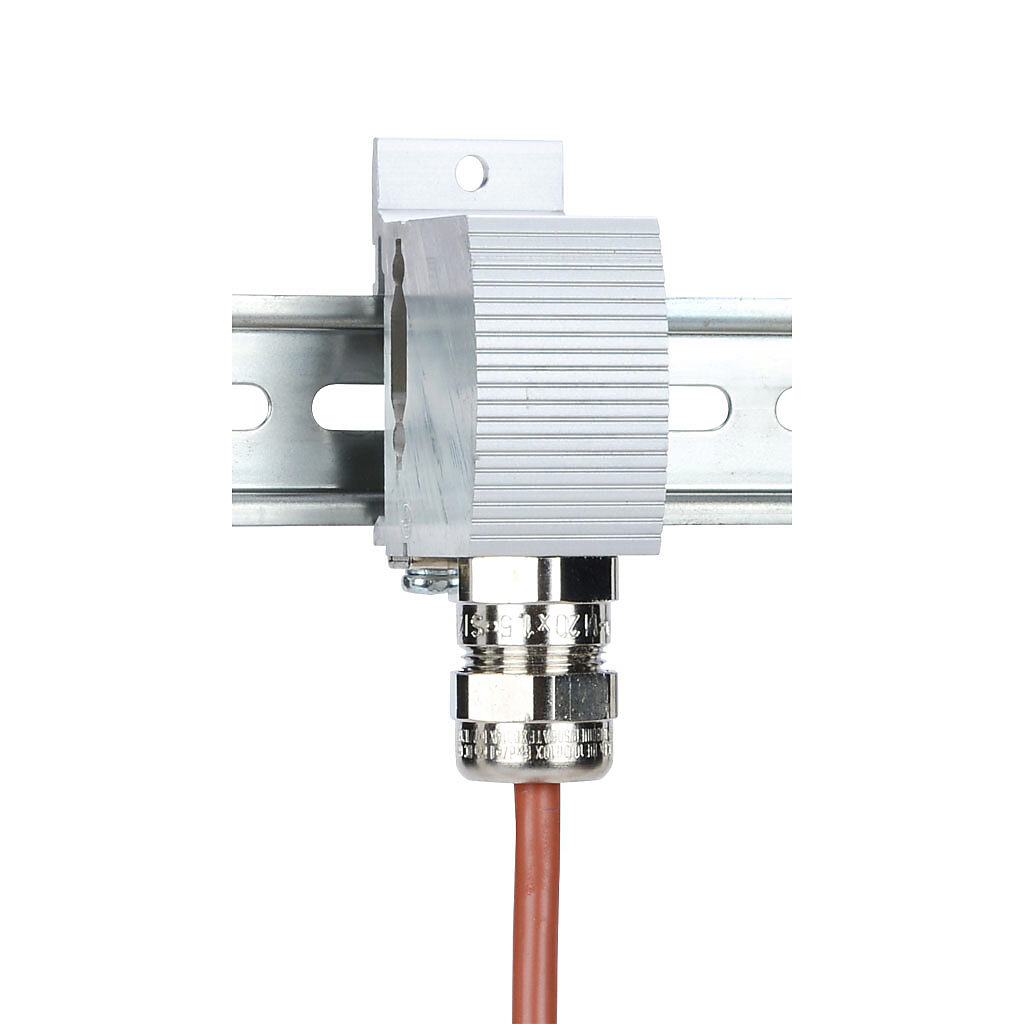 011851-00 - Stego thermostat, hazardous location rated, fixed, N.C. (open on rise) 77 deg F (25 deg C) switch-off, 9 deg F (5K) switching differential, 35mm DIN rail or panel mount, for electrical enclosure climate control.