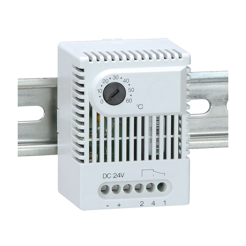 011900-00 - Stego electronic thermostat, adjustable, 0 to 60 deg C, 3K switching differential, 24 VDC operating voltage, 35mm DIN rail mount, for electrical enclosure climate control.