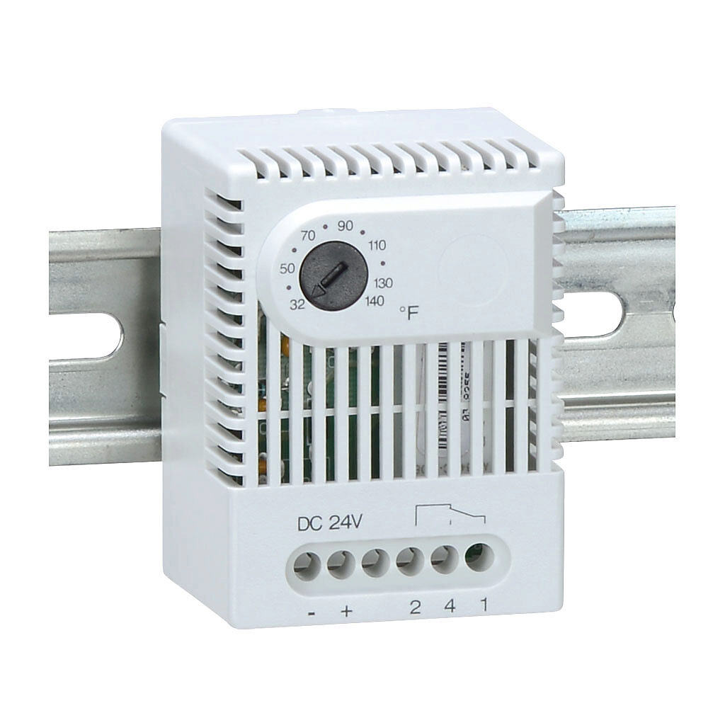 011900-01 - Stego electronic thermostat, adjustable, 32 to 140 deg F, 5.4 deg F switching differential, 24 VDC operating voltage, 35mm DIN rail mount, for electrical enclosure climate control.