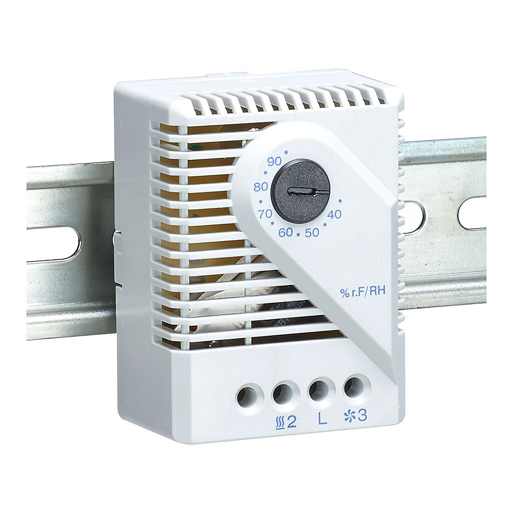 012200-00 - Stego mechanical hygrostat, adjustable, 35% to 95% relative humidity, 4% RH switching differential, 35mm DIN rail mount, for electrical enclosure climate control.