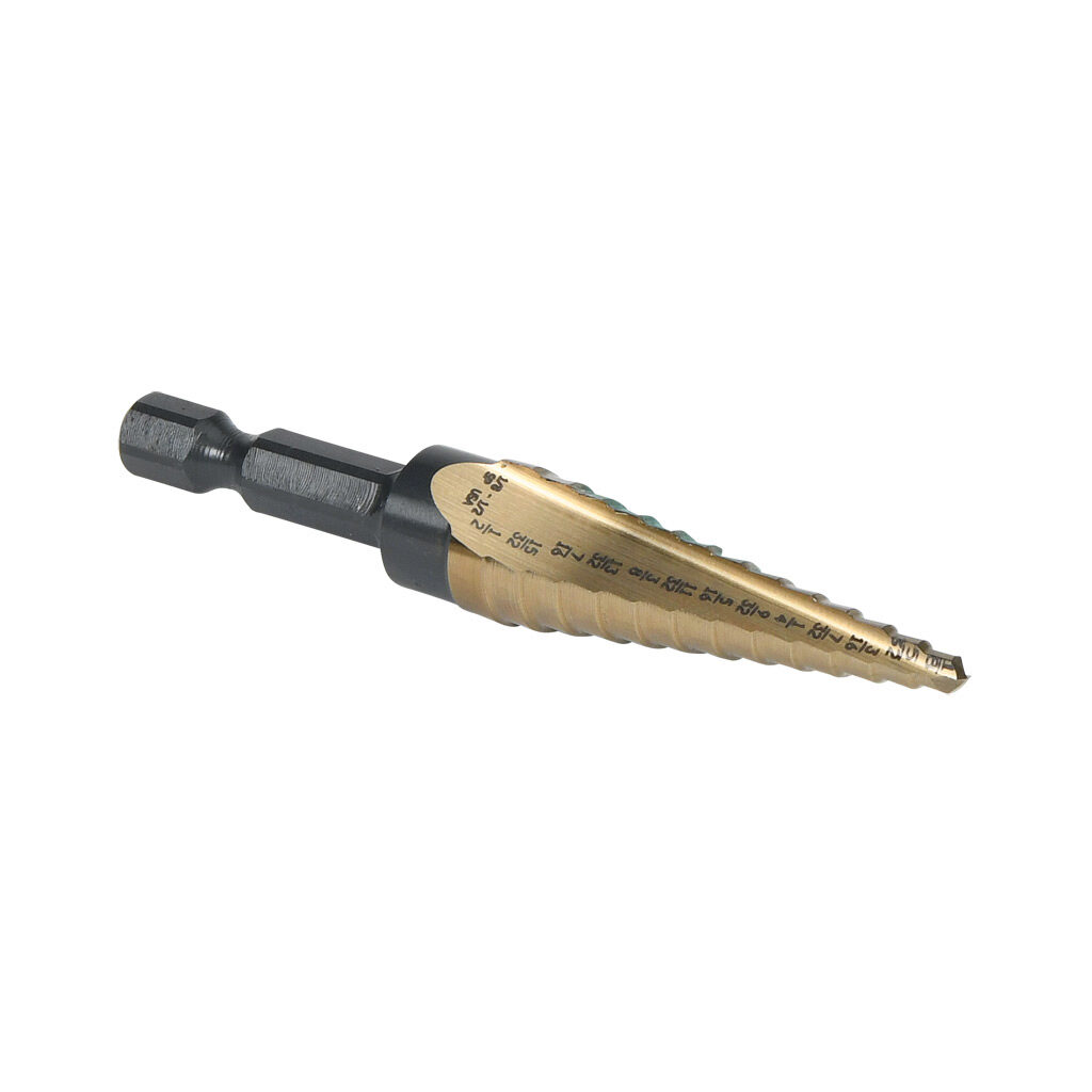 01401 - Viking step drill bit, 1/8in to 1/2in, size #1, 13 steps, split point, high-speed steel (HSS), gold oxide finish, 1/4in hex shank, 2.8in (71mm) overall length.