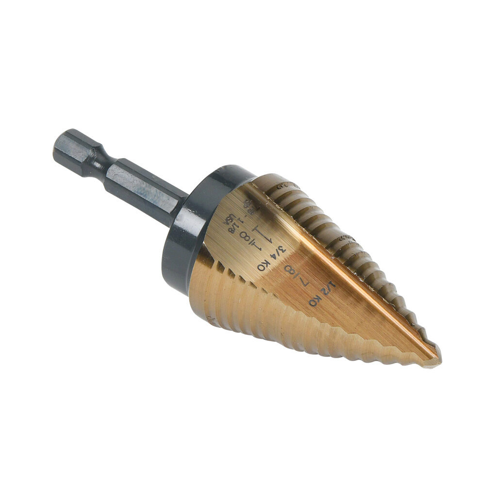 01409 - Viking step drill bit, 7/8in to 1-1/8in, size #11, 2 steps, split point, high-speed steel (HSS), gold oxide finish, 1/4in hex shank, 2.8in (71mm) overall length.