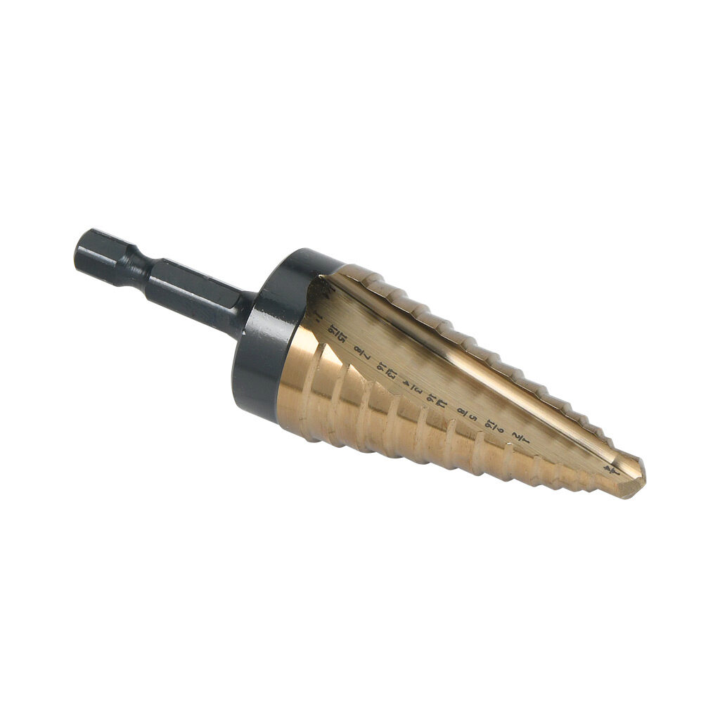 01411 - Viking step drill bit, 1/4in to 1in, size #2, 8 steps, split point, high-speed steel (HSS), gold oxide finish, 1/4in hex shank, 3.0in (76mm) overall length.