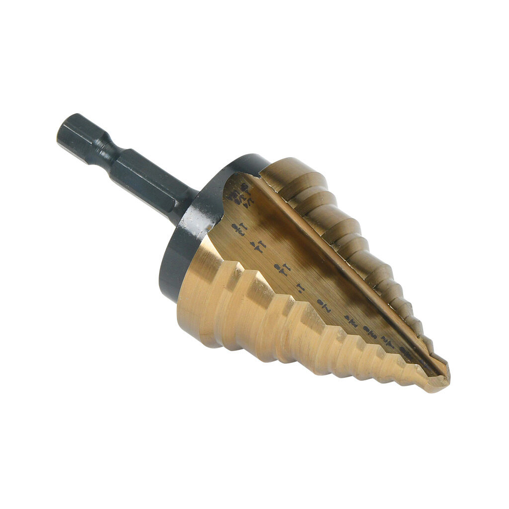 01414 - Viking step drill bit, 7/8in to 1-3/8in, size #12, 5 steps, split point, high-speed steel (HSS), gold oxide finish, 1/4in hex shank, 2.8in (71mm) overall length.