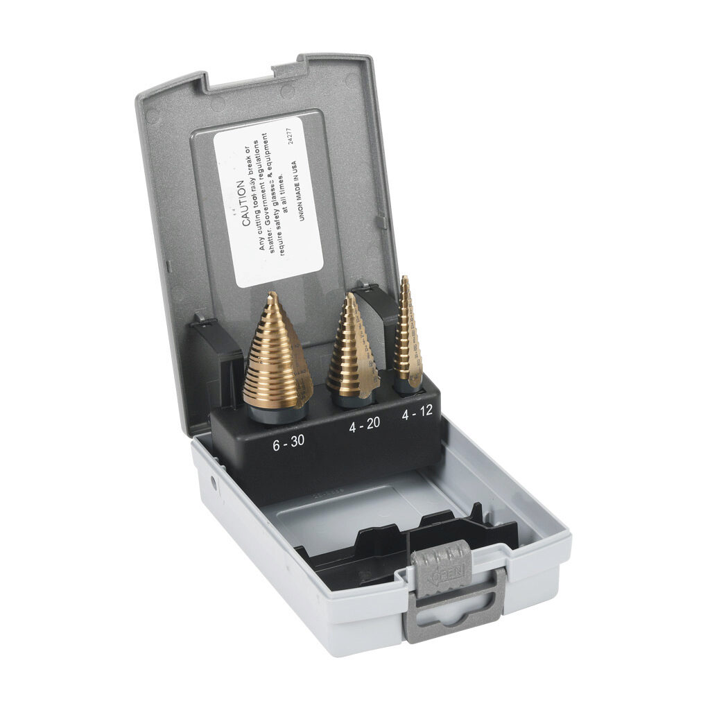 01461 - Viking step drill bit set, 3 pieces, high-speed steel (HSS), 1/4in hex shank, size #1, #8 and #11, imperial, gold oxide finish, plastic index case.