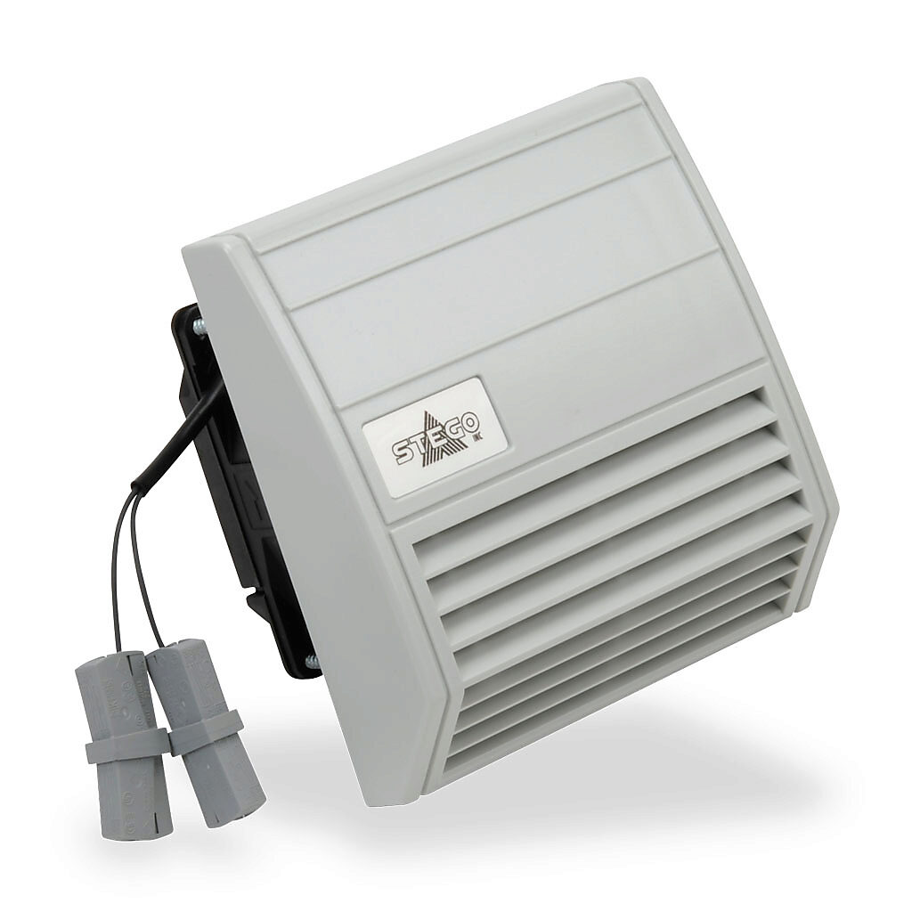 018000-01 - Stego Filter Fan intake fan, side mount, 14 CFM, 115 VAC operating voltage, G4 (coarse) filter mat, NEMA 12, indoor use only, 3.82 x 3.82in enclosure cutout, RAL 7035 light gray.