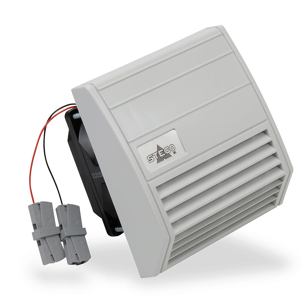 018000-02 - Stego Filter Fan intake fan, side mount, 12 CFM, 24 VDC operating voltage, G4 (coarse) filter mat, NEMA 12, indoor use only, 3.82 x 3.82in enclosure cutout, RAL 7035 light gray.