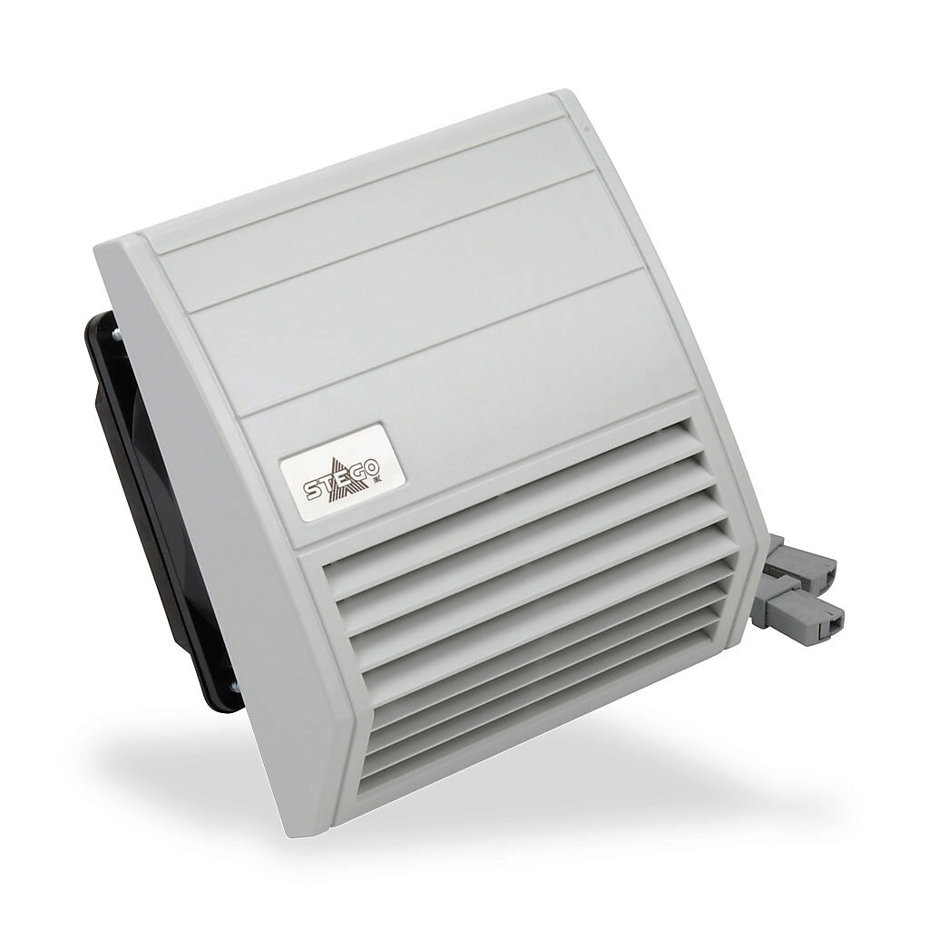 018010-02 - Stego Filter Fan intake fan, side mount, 32 CFM, 24 VDC operating voltage, G4 (coarse) filter mat, NEMA 12, indoor use only, 4.92 x 4.92in enclosure cutout, RAL 7035 light gray.
