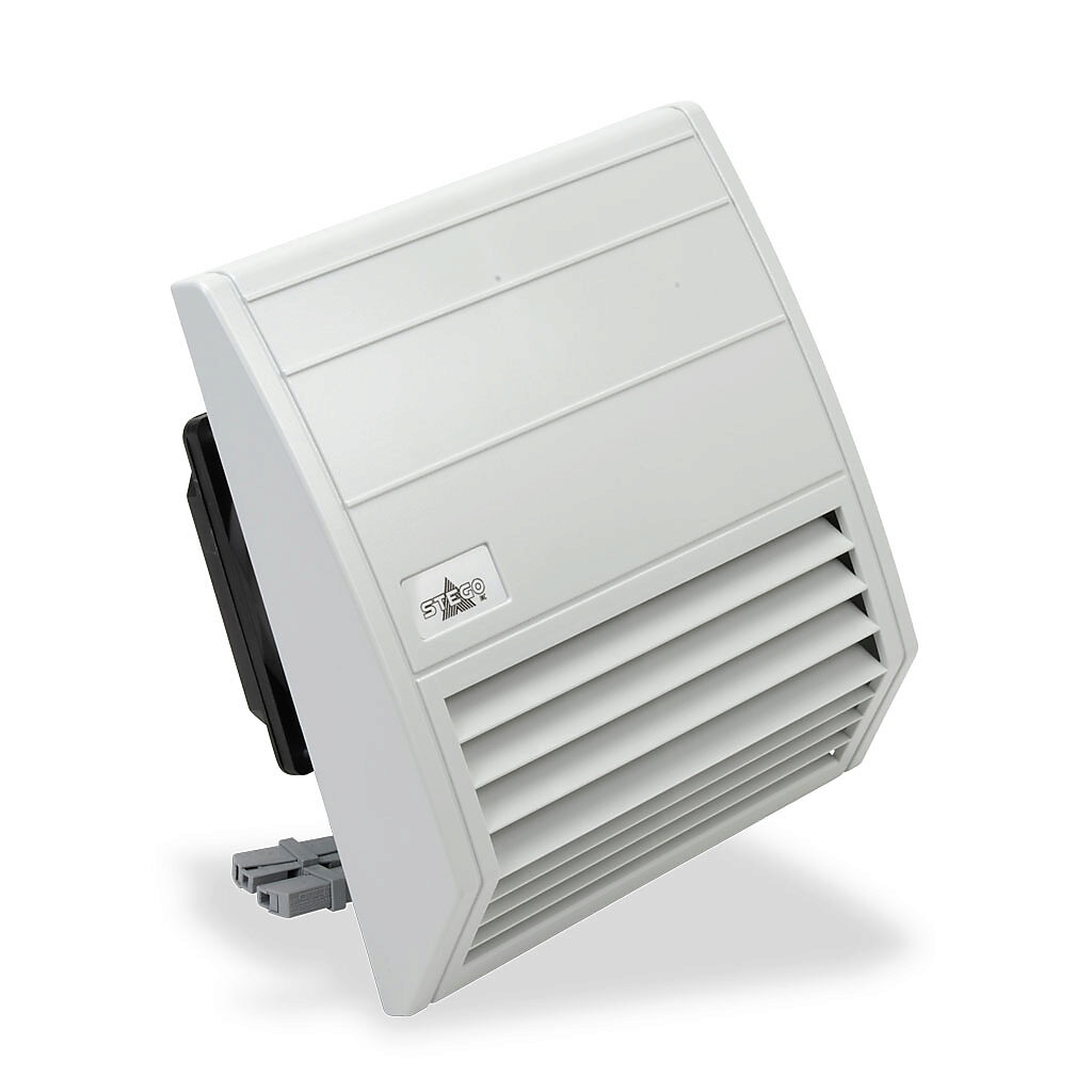 018020-01 - Stego Filter Fan intake fan, side mount, 69 CFM, 115 VAC operating voltage, G4 (coarse) filter mat, NEMA 12, indoor use only, 6.93 x 6.93in enclosure cutout, RAL 7035 light gray.