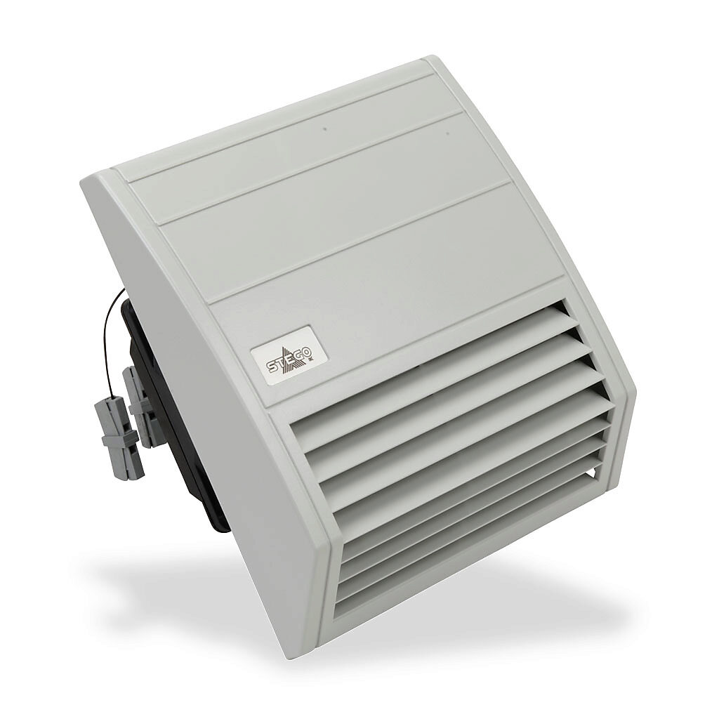018020-02 - Stego Filter Fan intake fan, side mount, 60 CFM, 24 VDC operating voltage, G4 (coarse) filter mat, NEMA 12, indoor use only, 6.93 x 6.93in enclosure cutout, RAL 7035 light gray.