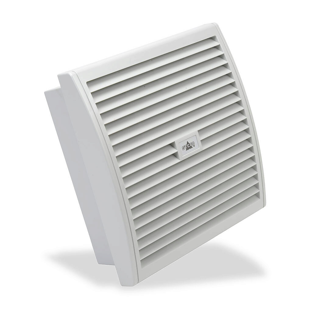 018030-01 - Stego Filter Fan intake fan, side mount, 202 CFM, 115 VAC operating voltage, G4 (coarse) filter mat, NEMA 12, indoor use only, 9.84 x 9.84in enclosure cutout, RAL 7035 light gray.