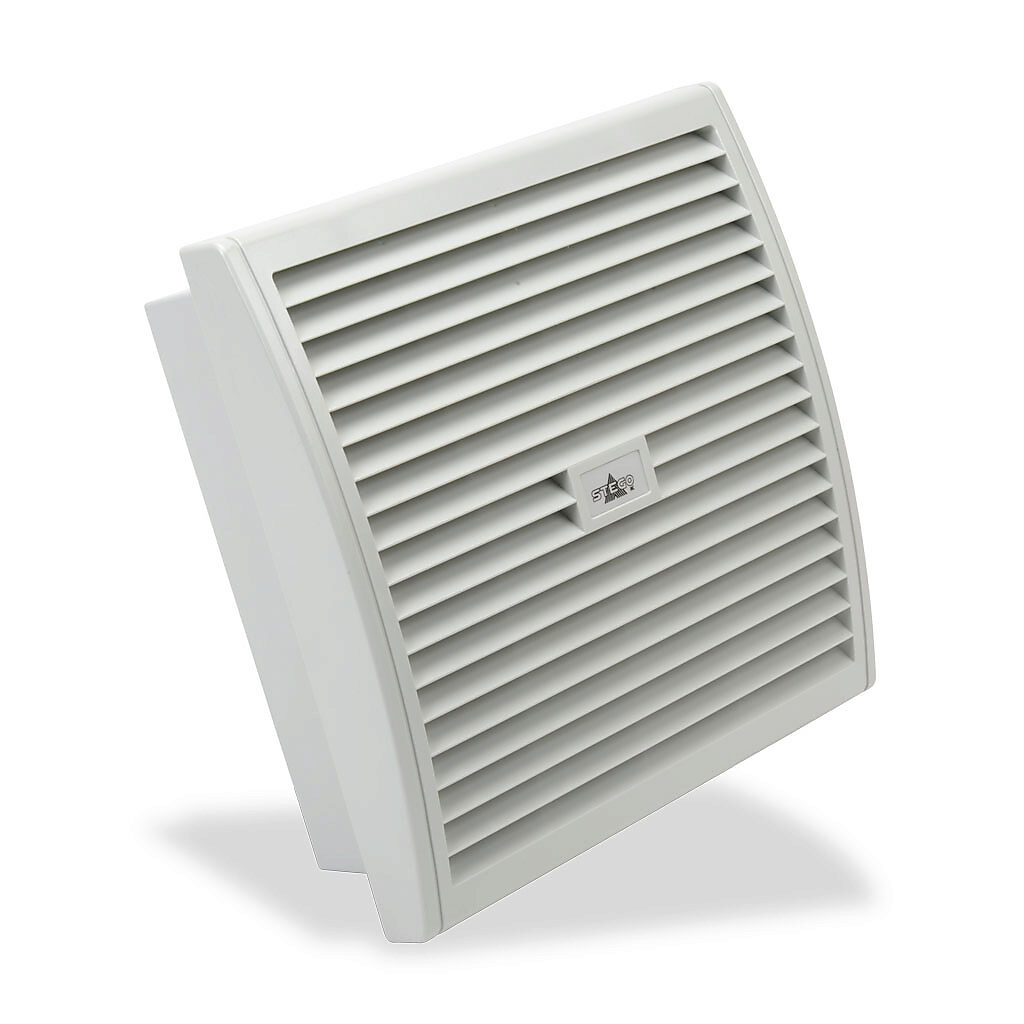 018030-03 - Stego Filter Fan intake fan, side mount, 176 CFM, 24 VDC operating voltage, G4 (coarse) filter mat, NEMA 12, indoor use only, 9.84 x 9.84in enclosure cutout, RAL 7035 light gray.