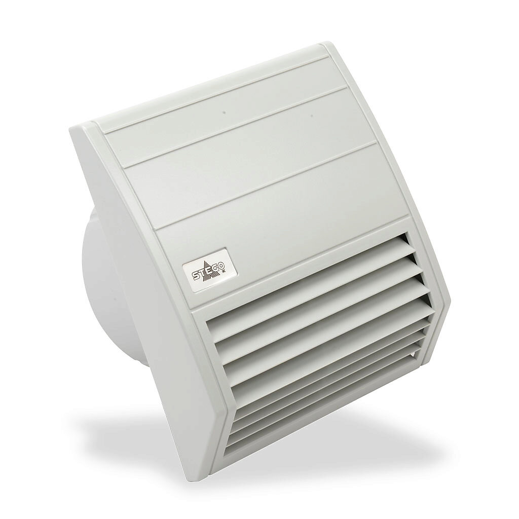 018040-01 - Stego Filter Fan intake fan, side mount, 136 CFM, 115 VAC operating voltage, G4 (coarse) filter mat, NEMA 12, indoor use only, 6.93 x 6.93in enclosure cutout, RAL 7035 light gray.