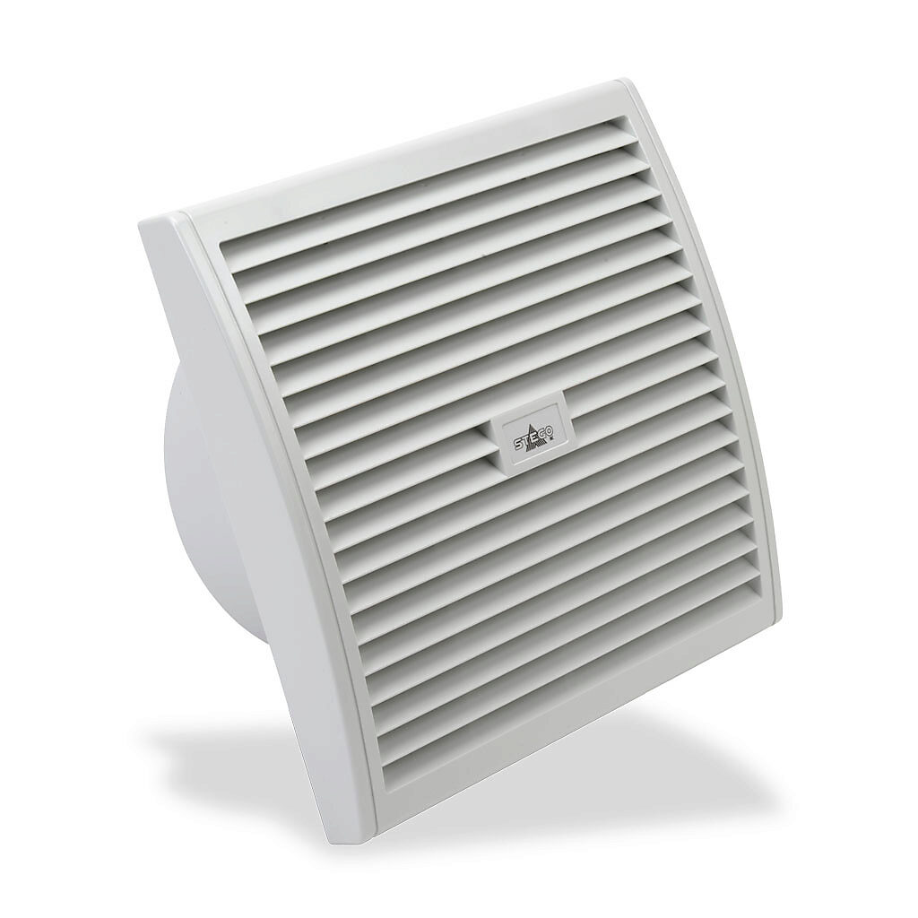 018050-01 - Stego Filter Fan intake fan, side mount, 372 CFM, 115 VAC operating voltage, G4 (coarse) filter mat, NEMA 12, indoor use only, 9.84 x 9.84in enclosure cutout, RAL 7035 light gray.