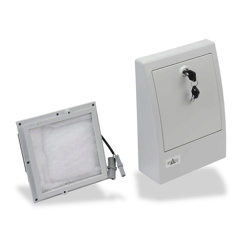 018210-02 - Stego Filter Fan intake fan, side mount, 14 CFM, 115 VAC operating voltage, M5 (medium) filter mat, NEMA 12, safe for outdoor use, 4.92 x 4.92in enclosure cutout, RAL 7035 light gray.