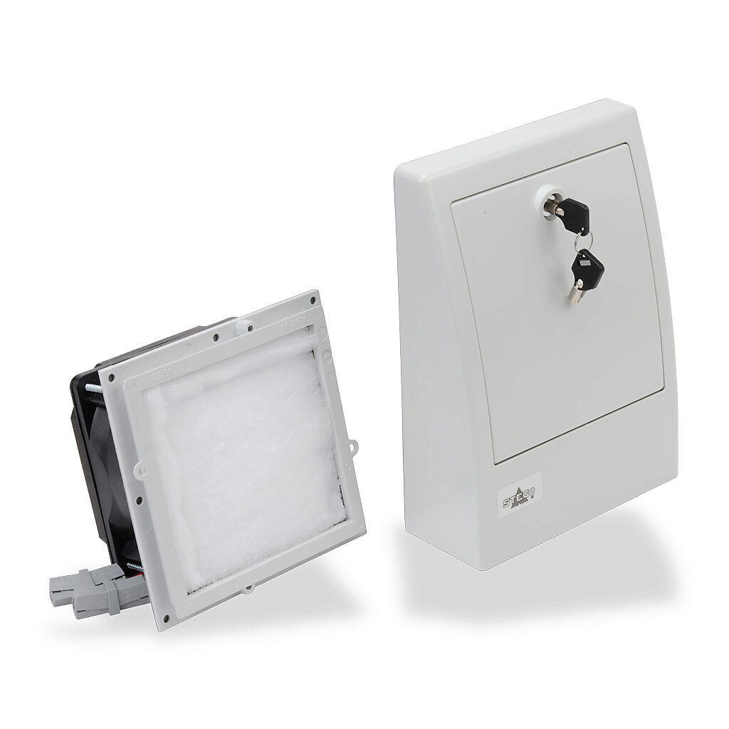 018210-04 - Stego Filter Fan intake fan, side mount, 12 CFM, 24 VDC operating voltage, M5 (medium) filter mat, NEMA 12, safe for outdoor use, 4.92 x 4.92in enclosure cutout, RAL 7035 light gray.