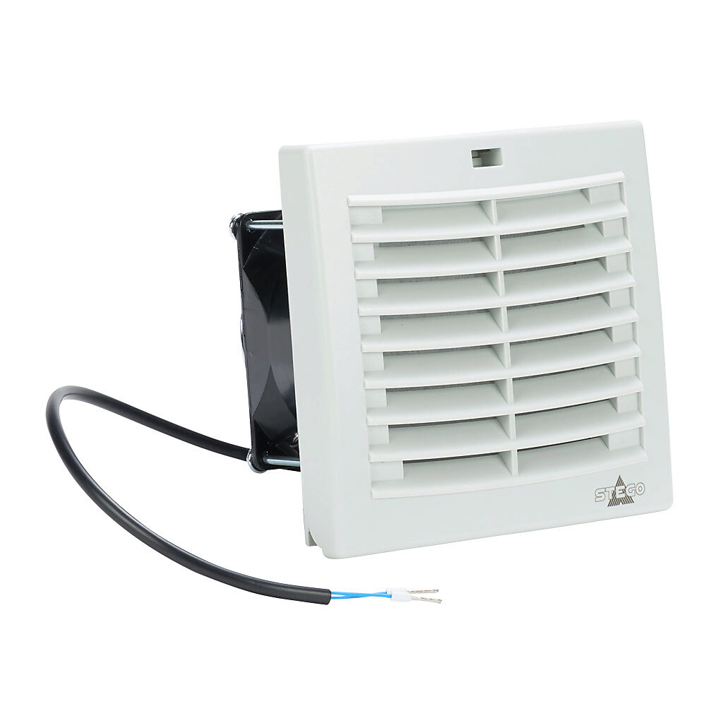 018700-30 - Stego Filter Fan Plus FPI intake fan, side mount, 11 CFM, 230 VAC operating voltage, G3 (coarse) filter mat, NEMA 12, indoor use only, 3.62 x 3.62in enclosure cutout, RAL 7035 light gray.