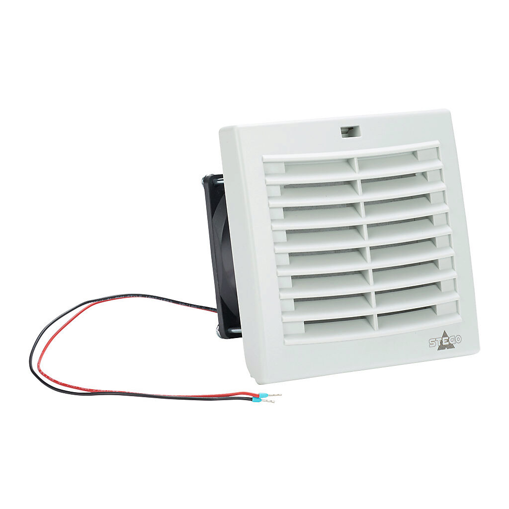018701-30 - Stego Filter Fan Plus FPI intake fan, side mount, 14 CFM, 48 VDC operating voltage, G3 (coarse) filter mat, NEMA 12, indoor use only, 3.62 x 3.62in enclosure cutout, RAL 7035 light gray.