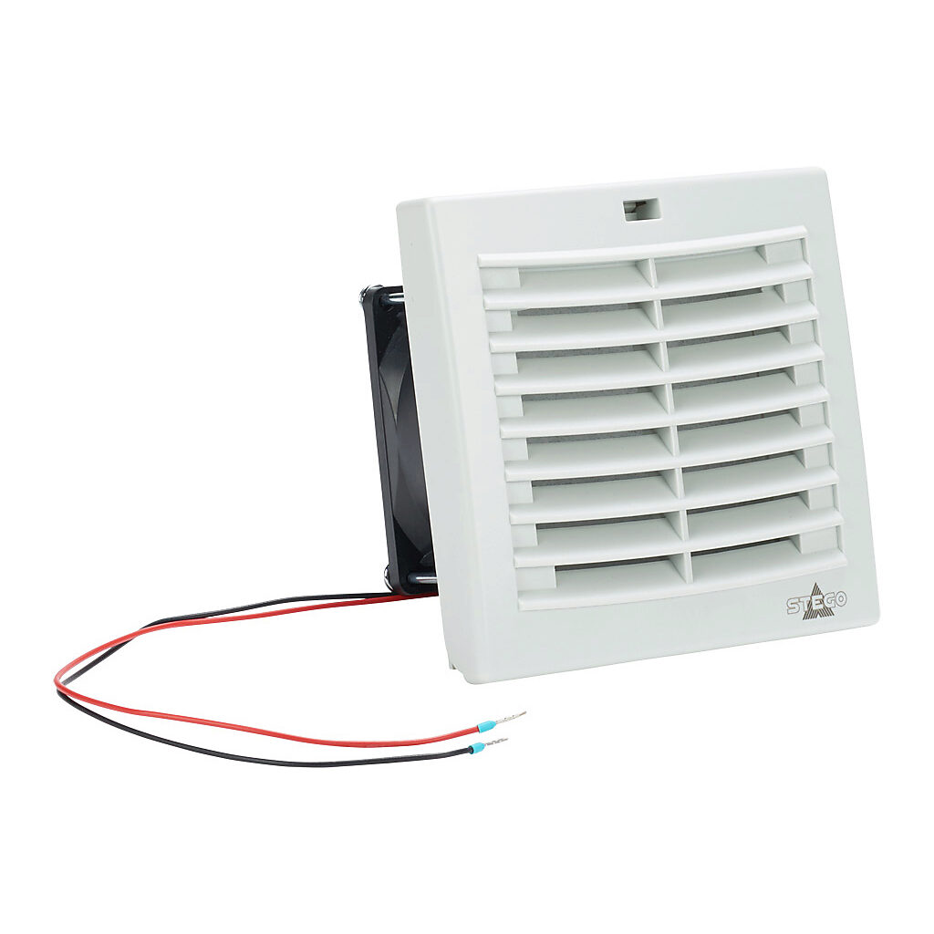 018703-30 - Stego Filter Fan Plus FPI intake fan, side mount, 13 CFM, 12 VDC operating voltage, G3 (coarse) filter mat, NEMA 12, indoor use only, 3.62 x 3.62in enclosure cutout, RAL 7035 light gray.