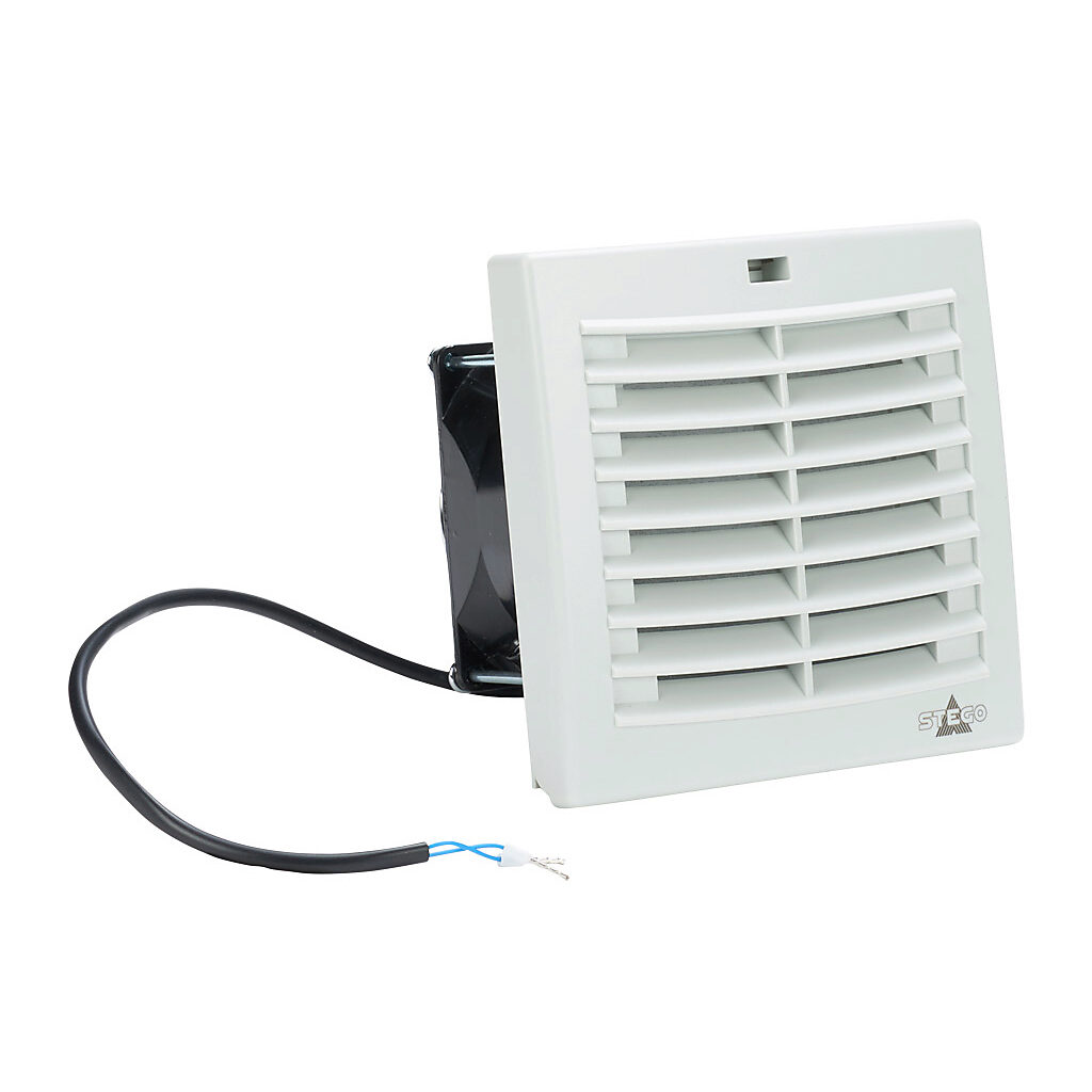 018709-30 - Stego Filter Fan Plus FPI intake fan, side mount, 14 CFM, 115 VAC operating voltage, G3 (coarse) filter mat, NEMA 12, indoor use only, 3.62 x 3.62in enclosure cutout, RAL 7035 light gray.