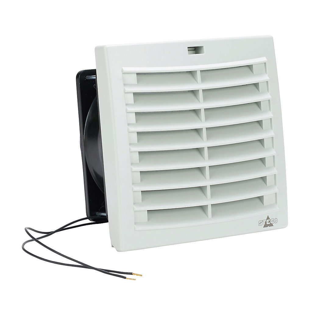 018710-30 - Stego Filter Fan Plus FPI intake fan, side mount, 31 CFM, 230 VAC operating voltage, G3 (coarse) filter mat, NEMA 12, indoor use only, 4.88 x 4.88in enclosure cutout, RAL 7035 light gray.