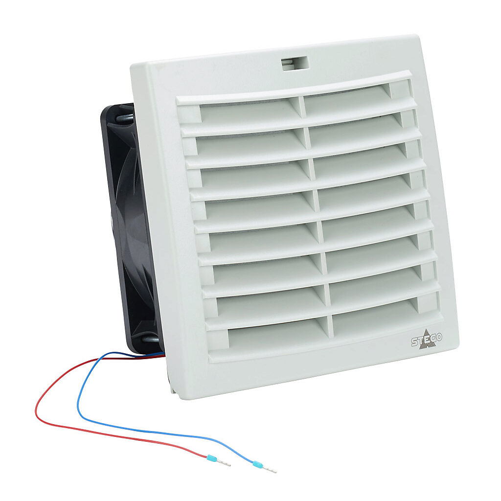 018712-30 - Stego Filter Fan Plus FPI intake fan, side mount, 39 CFM, 24 VDC operating voltage, G3 (coarse) filter mat, NEMA 12, indoor use only, 4.88 x 4.88in enclosure cutout, RAL 7035 light gray.
