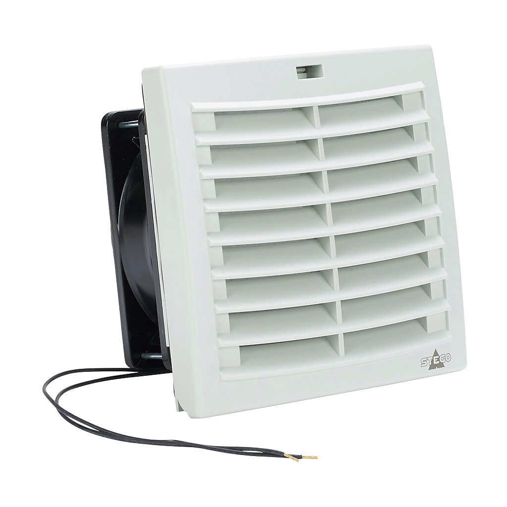 018719-30 - Stego Filter Fan Plus FPI intake fan, side mount, 37 CFM, 115 VAC operating voltage, G3 (coarse) filter mat, NEMA 12, indoor use only, 4.88 x 4.88in enclosure cutout, RAL 7035 light gray.