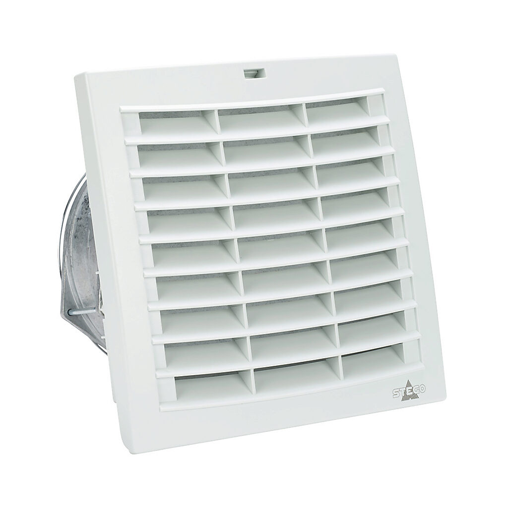 018720-30 - Stego Filter Fan Plus FPI intake fan, side mount, 100 CFM, 230 VAC operating voltage, G3 (coarse) filter mat, NEMA 12, indoor use only, 6.93 x 6.93in enclosure cutout, RAL 7035 light gray.