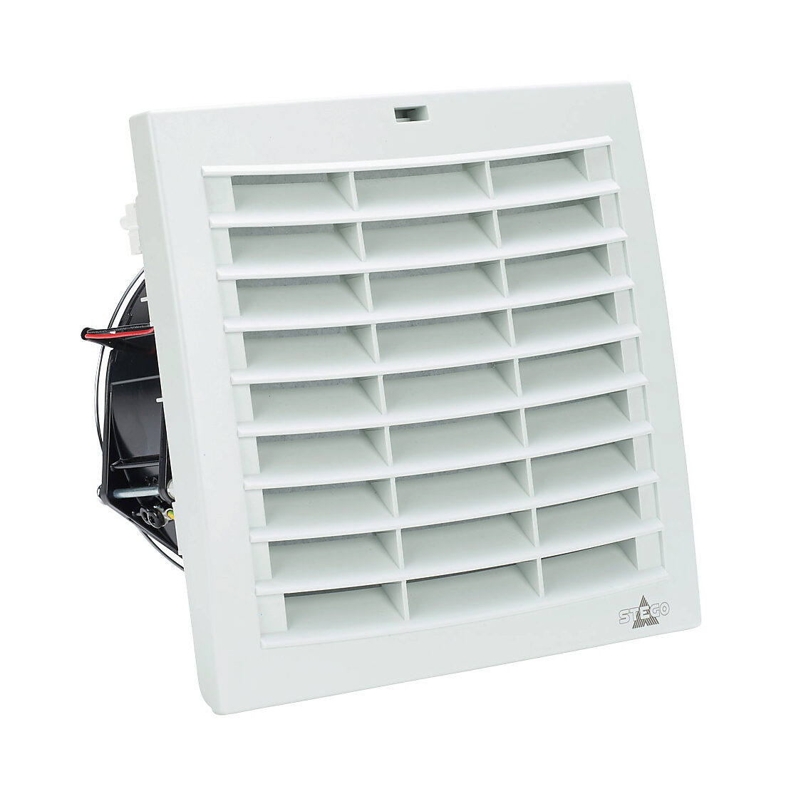 018722-30 - Stego Filter Fan Plus FPI intake fan, side mount, 105 CFM, 24 VDC operating voltage, G3 (coarse) filter mat, NEMA 12, indoor use only, 6.93 x 6.93in enclosure cutout, RAL 7035 light gray.